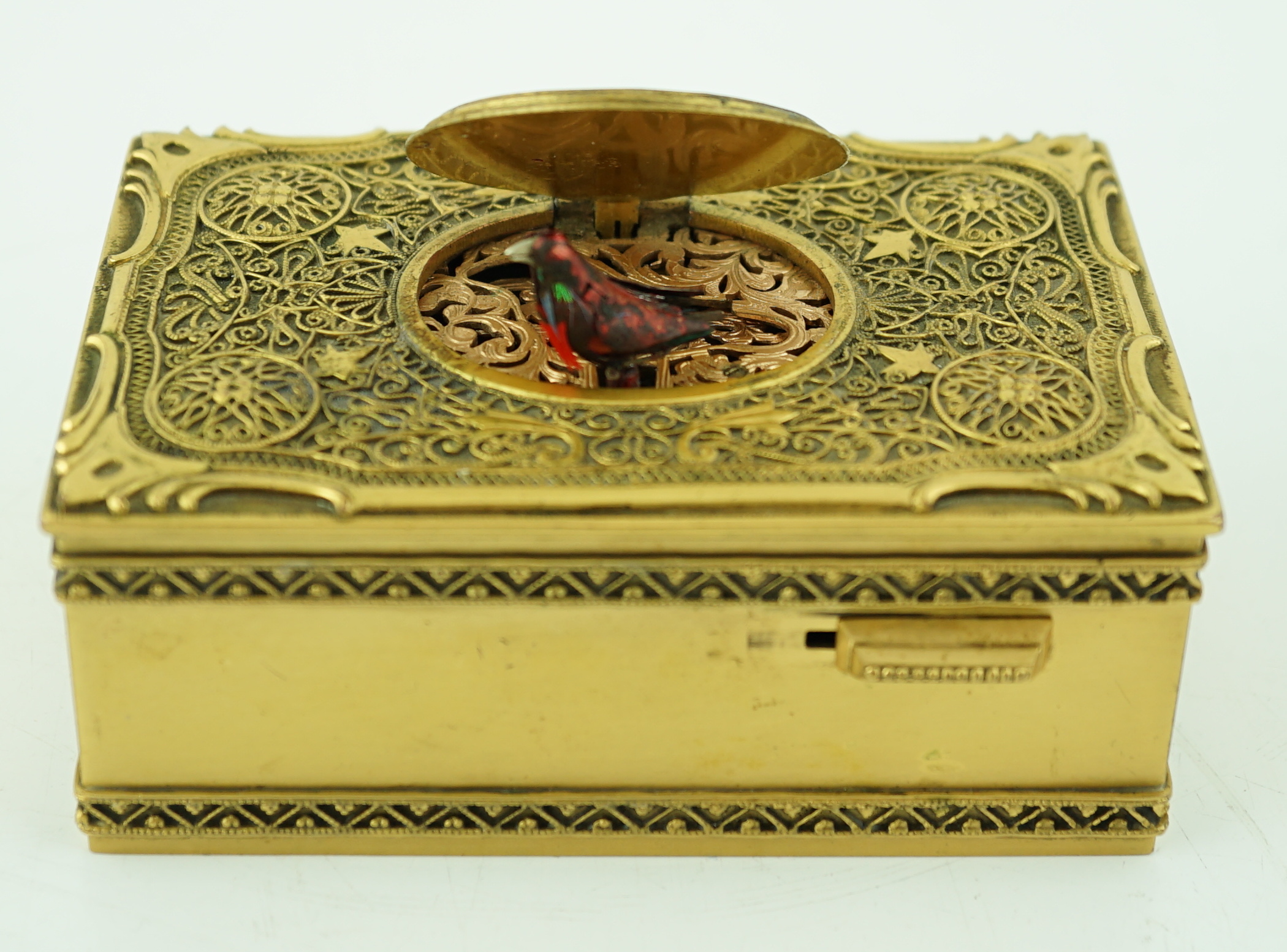 A 20th century gilt brass singing bird box